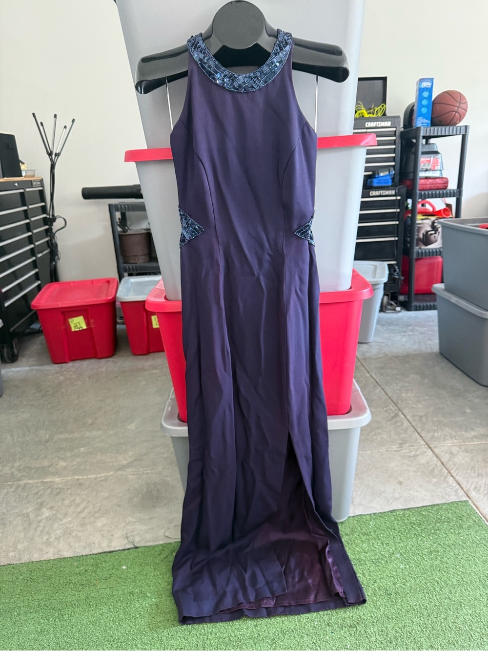 Elegant Women's Navy Beaded Halter Evening Gown mp15